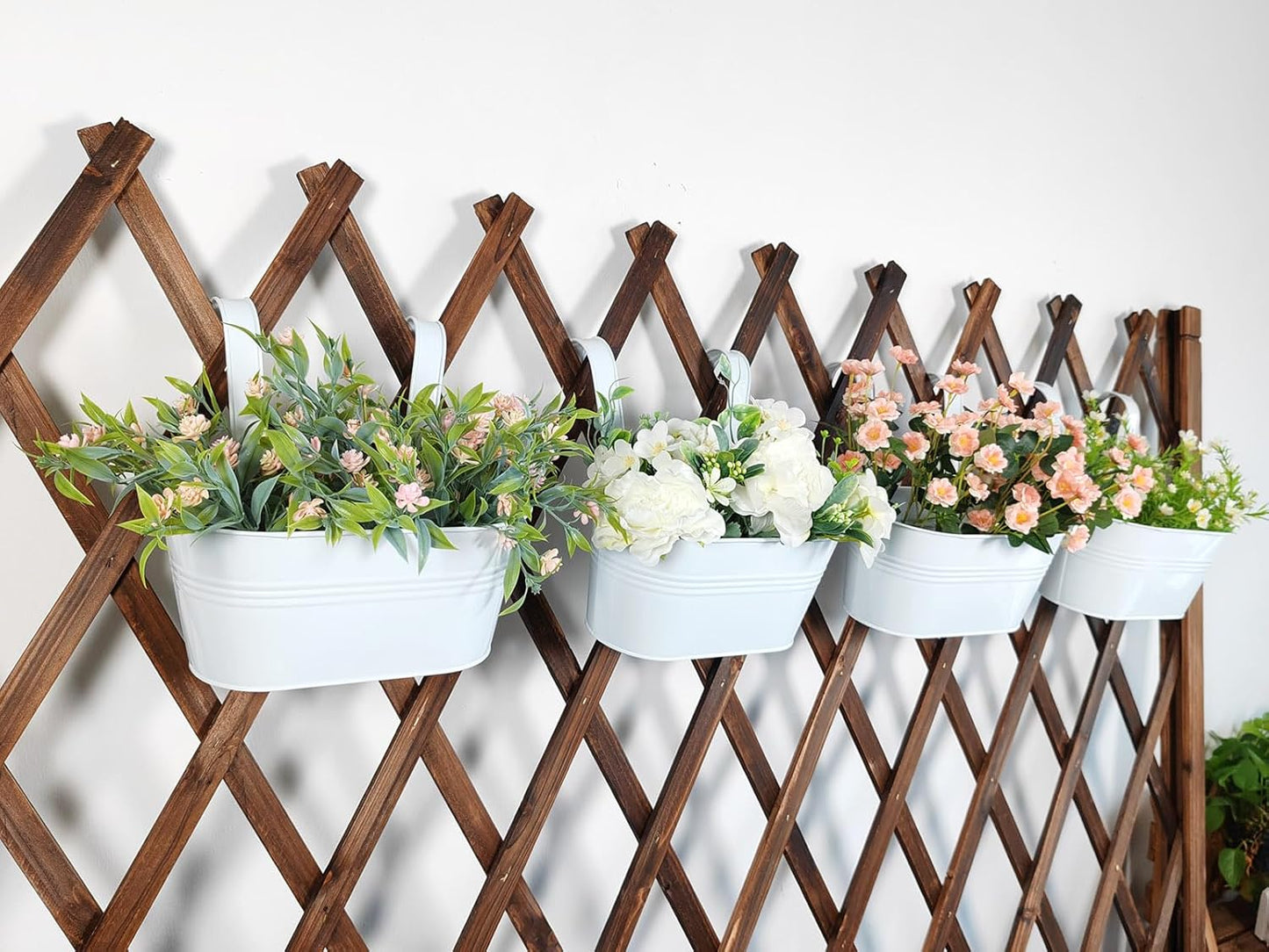 10" Hanging Flower Pots, Pack of 6 White Metal Outdoor Patio Balcony Planter, Railing Planters Fence Pot with Detachable Hook & Drainage Hole for Small Plants (White, 6Pcs)