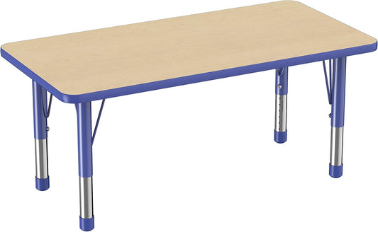 FDP Rectangle Activity School and Kids Classroom Table (24 x 48 inch), Toddler Legs, Adjustable Height 15-24 inches - Maple Top and Blue Edge