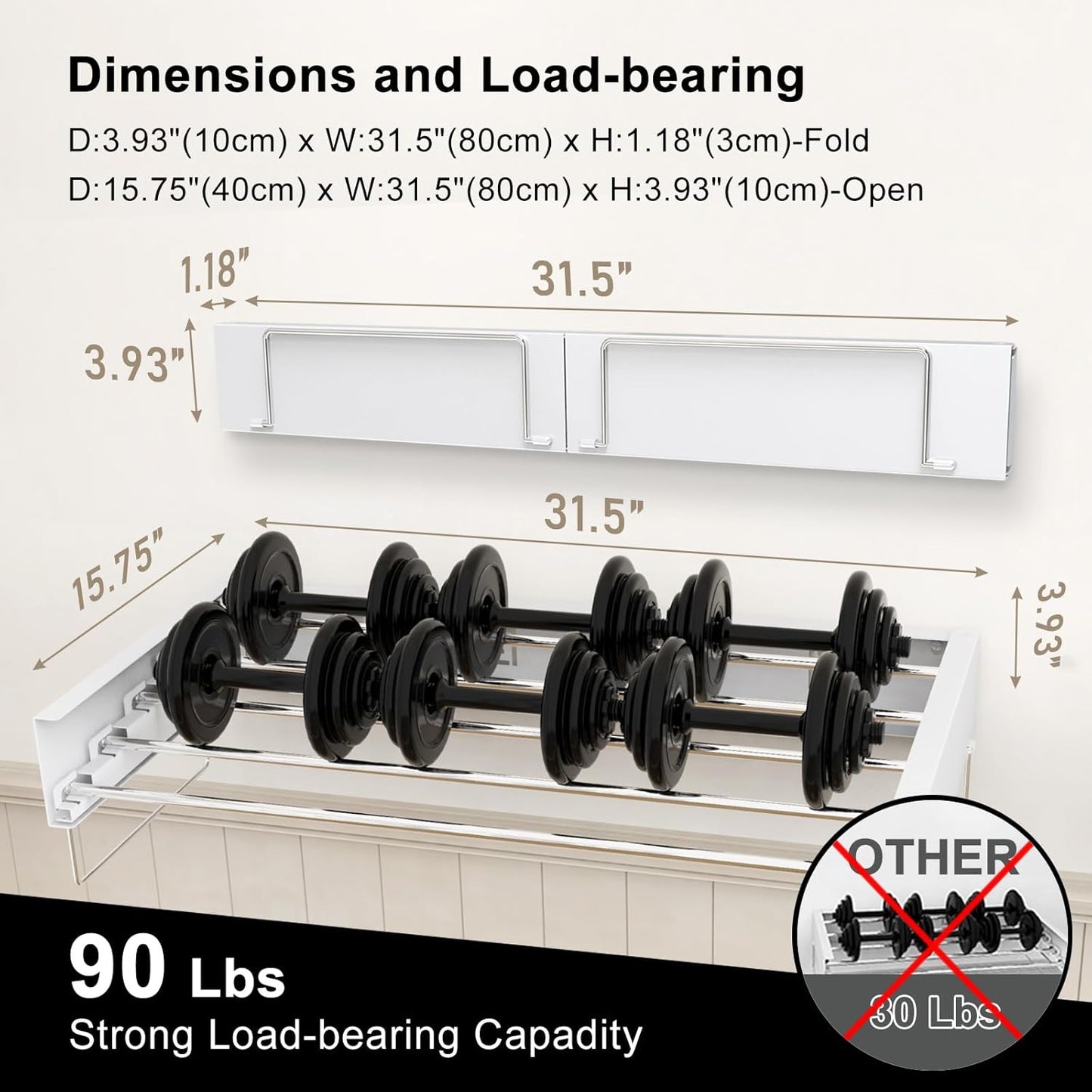 Wall Mounted Drying Rack, Foldable Laundry Rack, Collapsible Drying Rack, 5 Stainless Rods, Wall Mounted Clothing Rod with 2 Towel Bar, 90 lb Capacity, 31.5" White