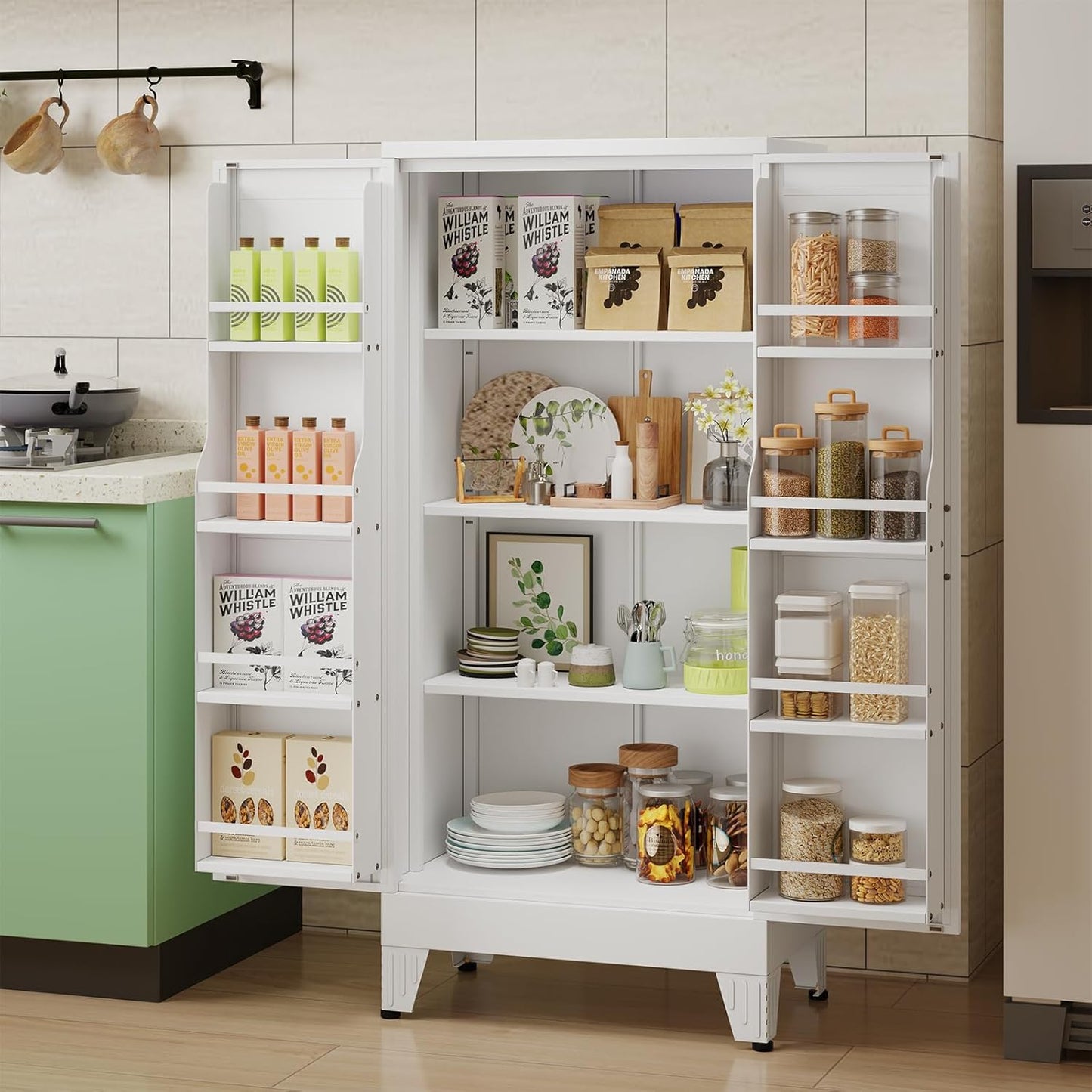 51" H Metal Kitchen Pantry Storage Cabinet, Freestanding Cupboard Storage Cabinet with Doors and Adjustable Shelves, Large Stand Up Food Cupboard for Living Room, Dinning Room, White