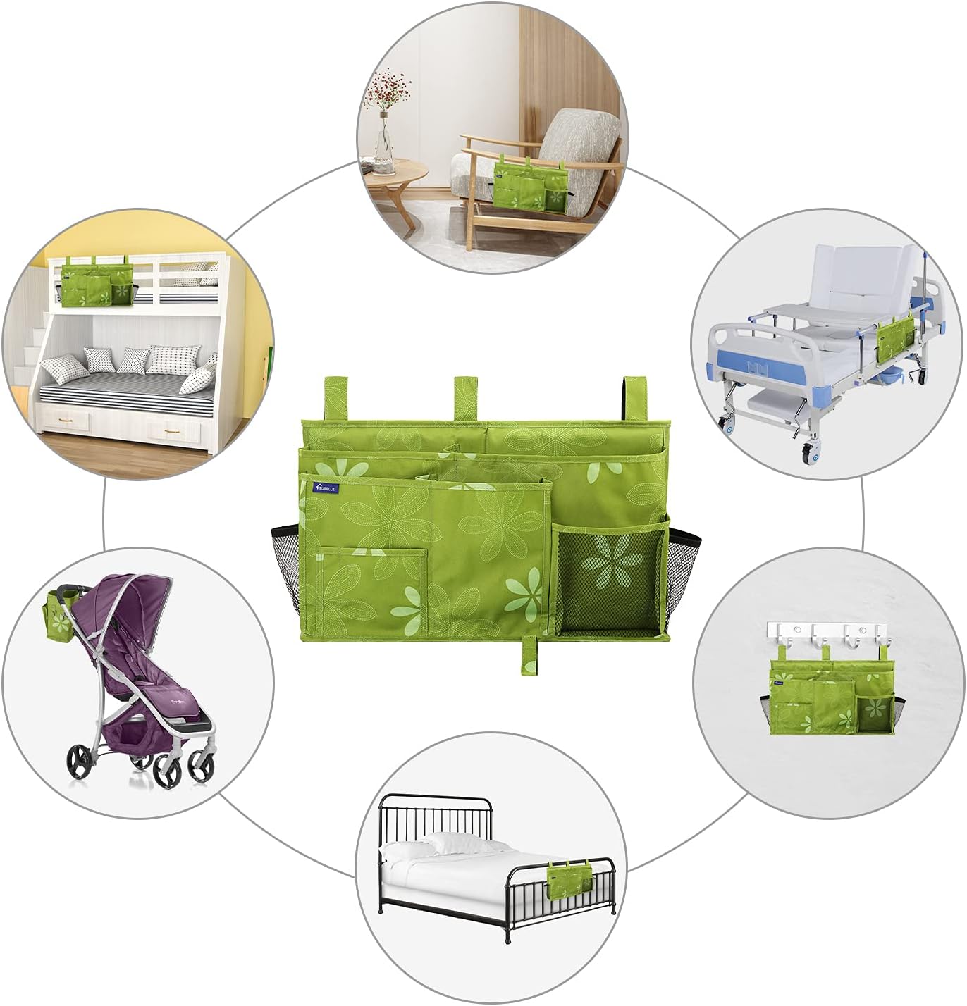 Surblue Caddy Hanging Organizer Bedside Storage Bag for Bunk and Hospital Beds, Flower, L