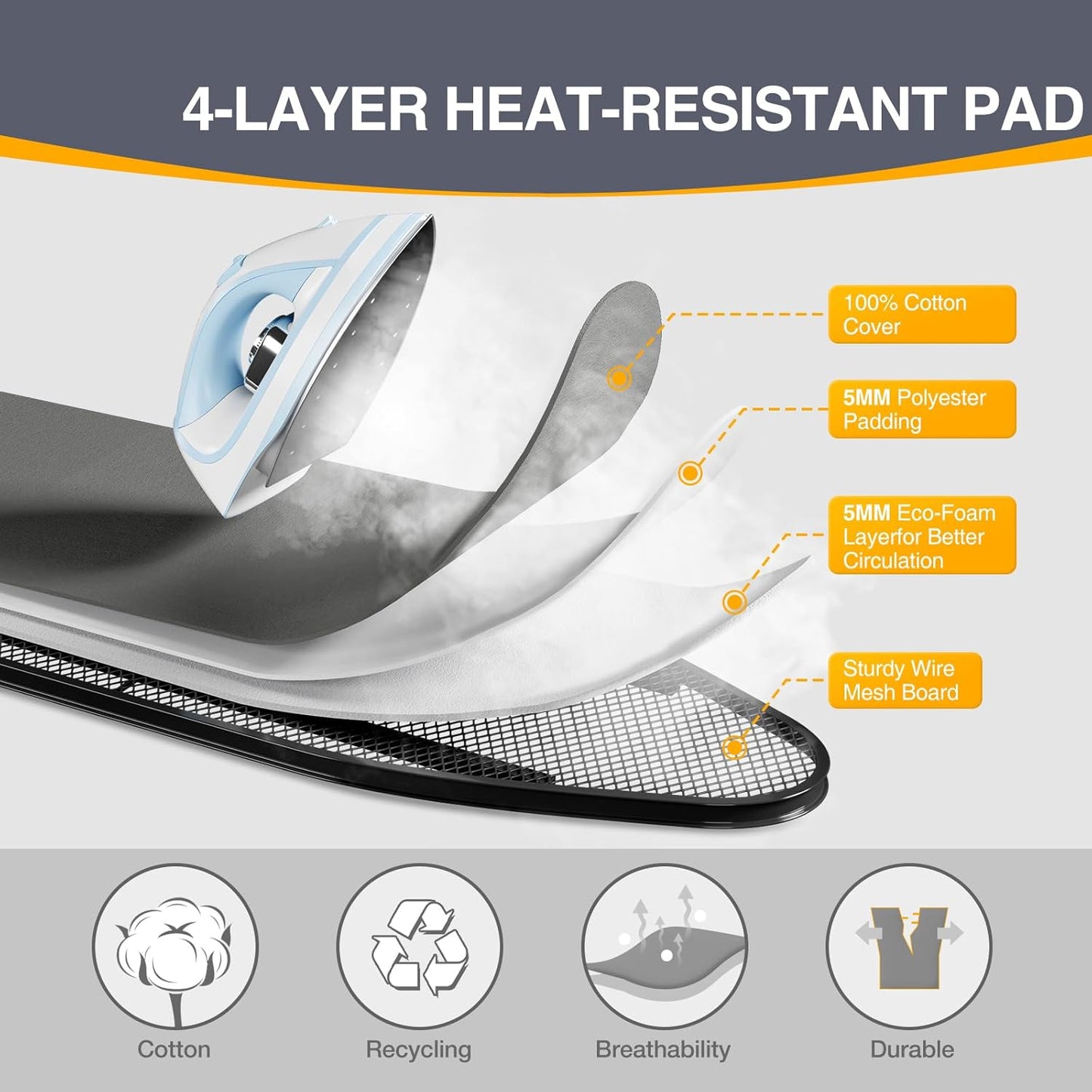 APEXCHASER Ironing Board, Full Szie Iron Board with Iron Rest,Height Adjustable,Extra Thick Heat Resistant Cover with Sleeve Board 15x45 Grey