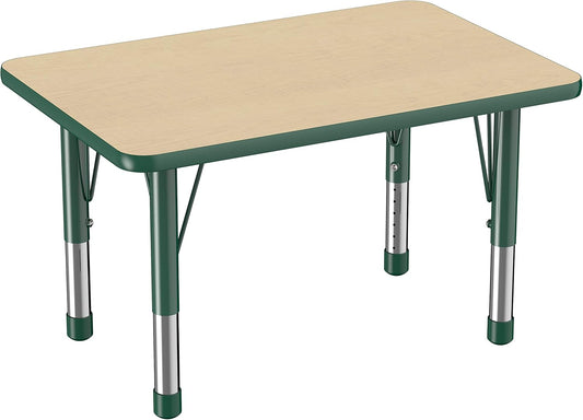 Factory Direct Partners FDP Rectangle Activity School and Classroom Kids Table (24 x 36 inch), Chunky Toddler Leg, Adjustable Height 15-24 inches - Maple Top and Green Edge