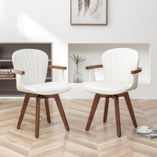 LUNLING Swivel Dining Room Chairs Set of 2,Mid Century Modern White Faux Leather Kitchen Chair with Arms,Bamboo Legs Side Chairs No Wheels,Accent Chair for Dining Rooms and Offices