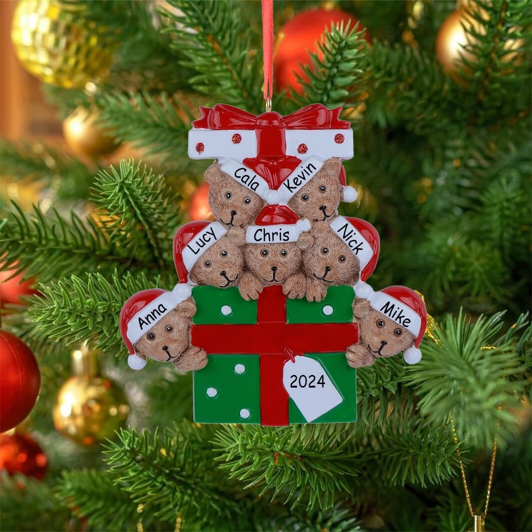 Personalized Bear Family Christmas Ornament 2024, Family of 7 Bear with Gift Box Ornaments for Christmas Tree, Personalized Bear Christmas Ornament, Unique Handmade Teddy Bear Christmas Ornament