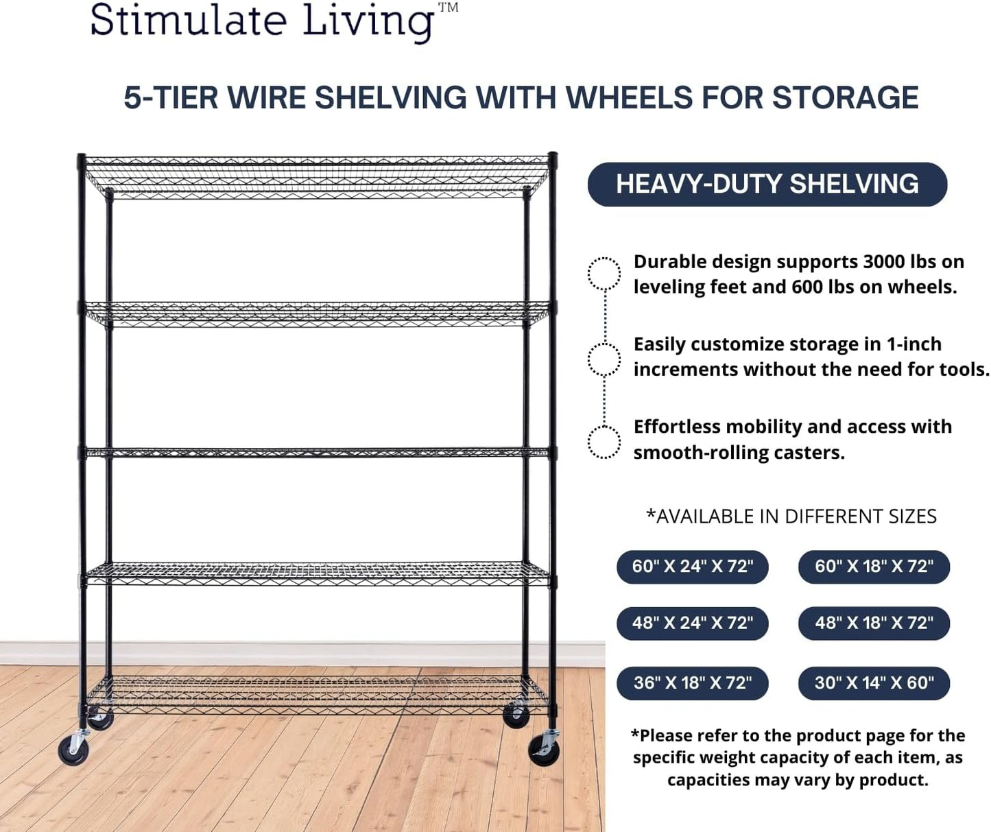 60"x24"x72" PRIME HEAVY DUTY Black 5-Tier Wire Shelving NSF 3000 LBS MAX Capacity Storage Rack for Commercial, School, Home, Garage, Warehouse, Industrial, and Hospital Uses (with Wheels)