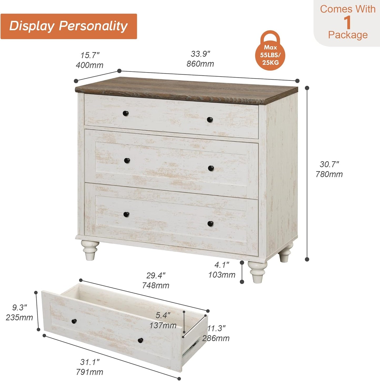 WAMPAT Baby Dresser for Bedroom with 3 Drawers, Kids Dressers with Wide Chest of Drawers, Farmhouse Wooden Closet Storage Organizer, Small Dressers for Living Room, Nursery, Hallway, Rustic White