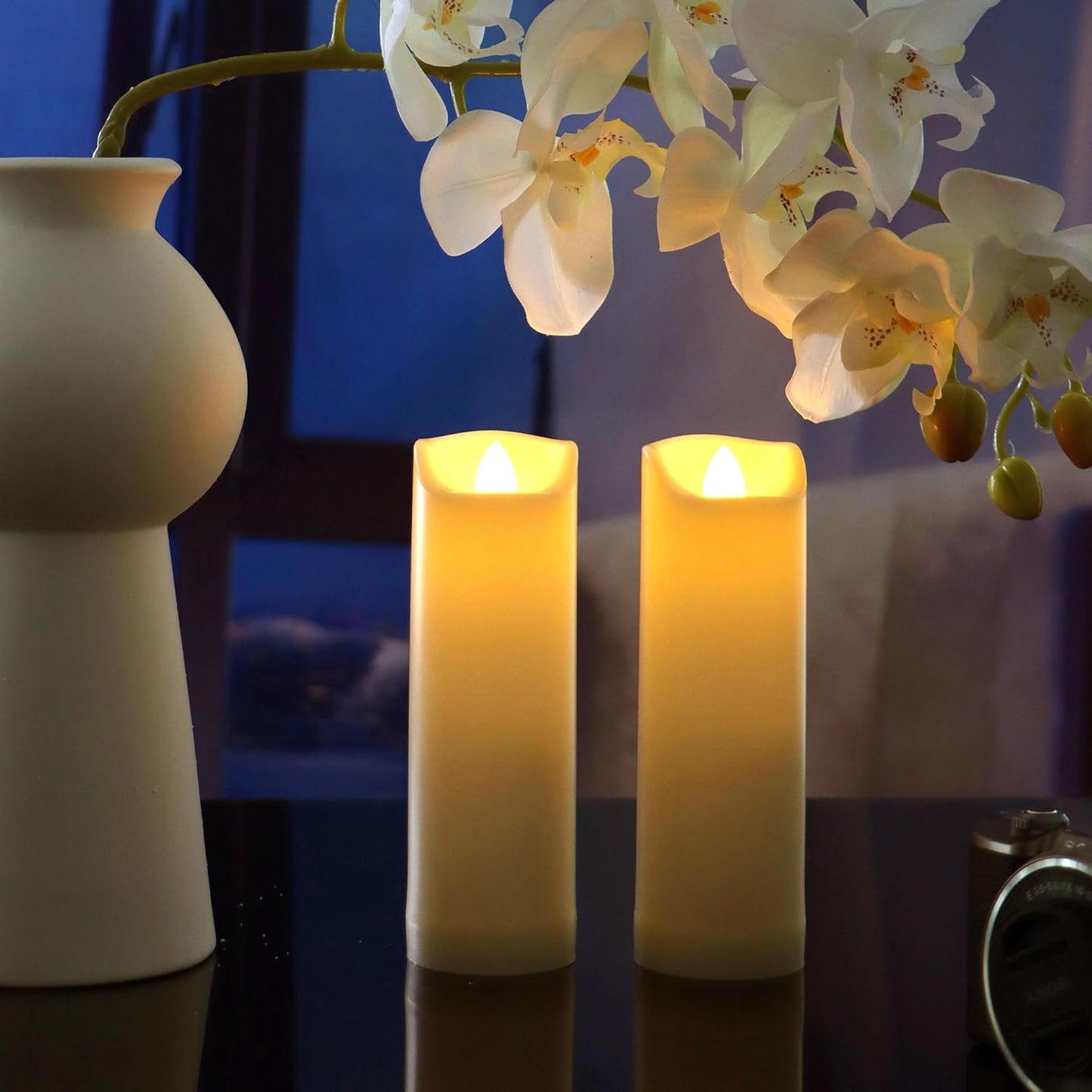 CANDLE CHOICE Waterproof Outdoor Battery Operated Flameless Candles with Auto Timer Flickering Plastic Resin Electric LED Slim Pillar Lights for Lantern Patio Garden Wedding Decorations 2”x7” 2 Pack