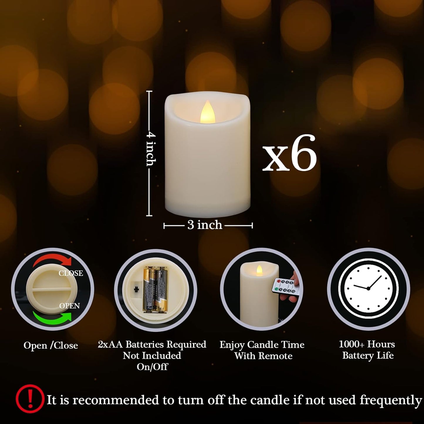 Battery Operated Flickering Flameless Candles with Remote and Timers, 1000 Hours Waterproof Outdoor Indoor LED Pillar Flameless Candles,Ivory Plastic, D3 X H4, Set of 6