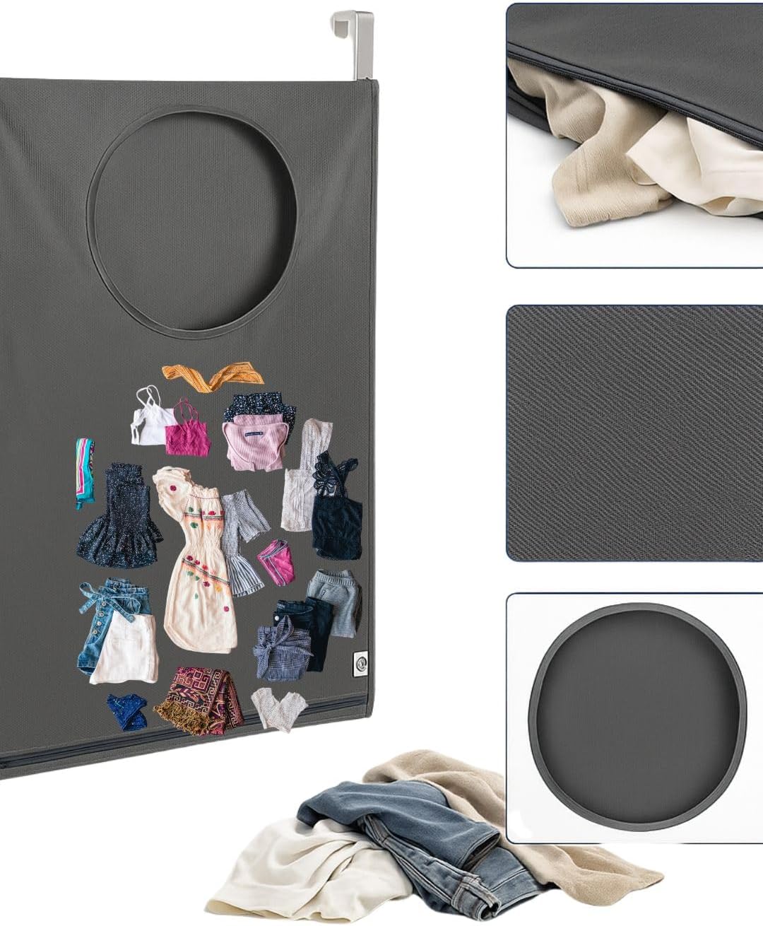 Hanging Laundry Hamper Bag – Space-Saving Dirty Clothes Storage with Free Adjustable Stainless Steel Over-the-Door Hooks & 2 Suction Cup Hooks – Ideal for bathrooms, bedrooms & dorms