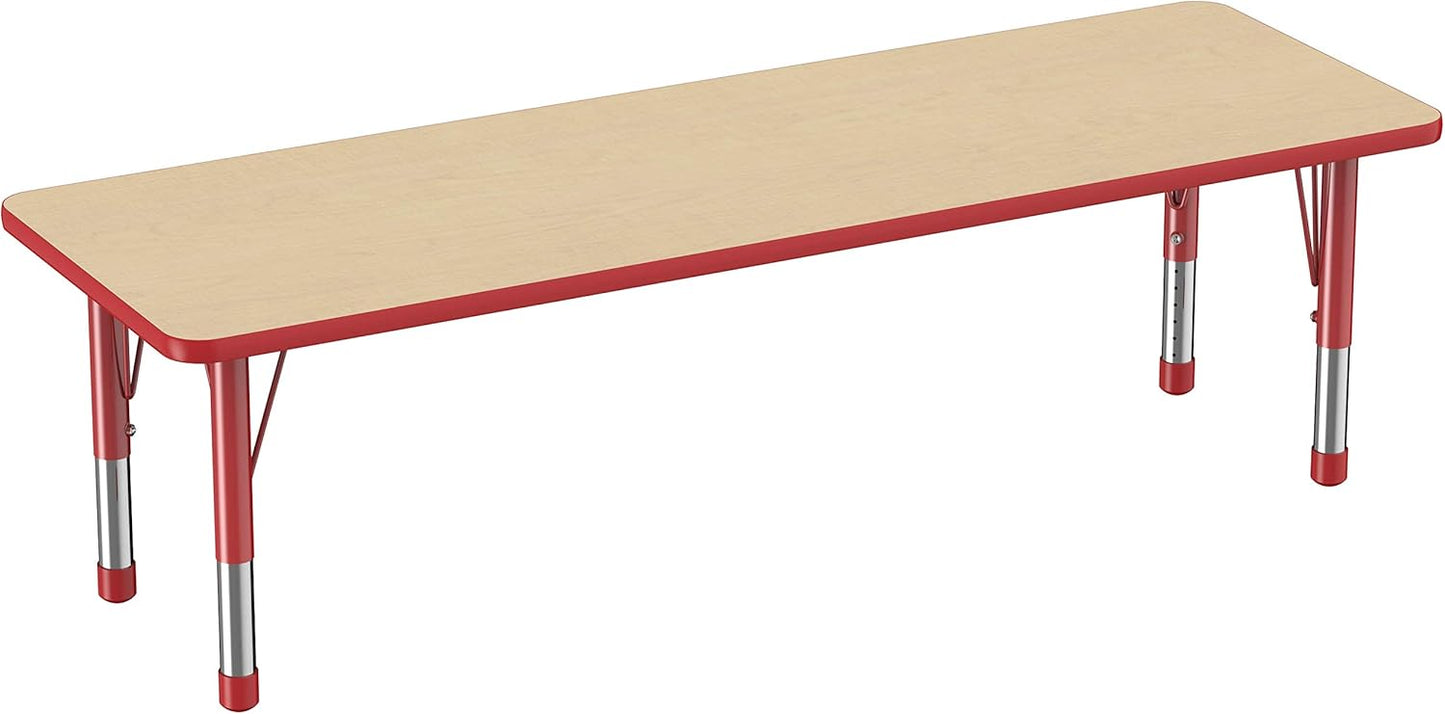 Factory Direct Partners FDP Rectangle Activity School and Classroom Kids Table (24 x 72 inch), Chunky Toddler Legs, Adjustable Table Height 15-24 inches - Maple Top and Red Edge