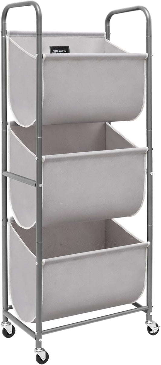 STORAGE MANIAC 120 Liters Vertical Rolling Laundry Hamper, 3 Section Laundry Sorter with Wheels and 2 Breaks, 3-tier Laundry Baskets for Small Space, Dorm, Laundry Room, Closet, Bathroom, Gray 3-tier