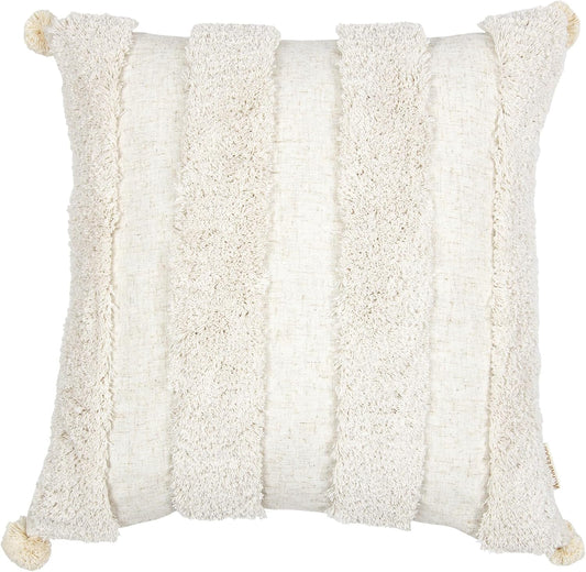 Boho Pillow Covers 18X18 Inch Boho Tufted Linen Throw Pillow Covers Decorative Pompoms Cushion Cover Farmhouse Pillow Case for Couch Sofa Bed Living Room Bedroom,Cream White