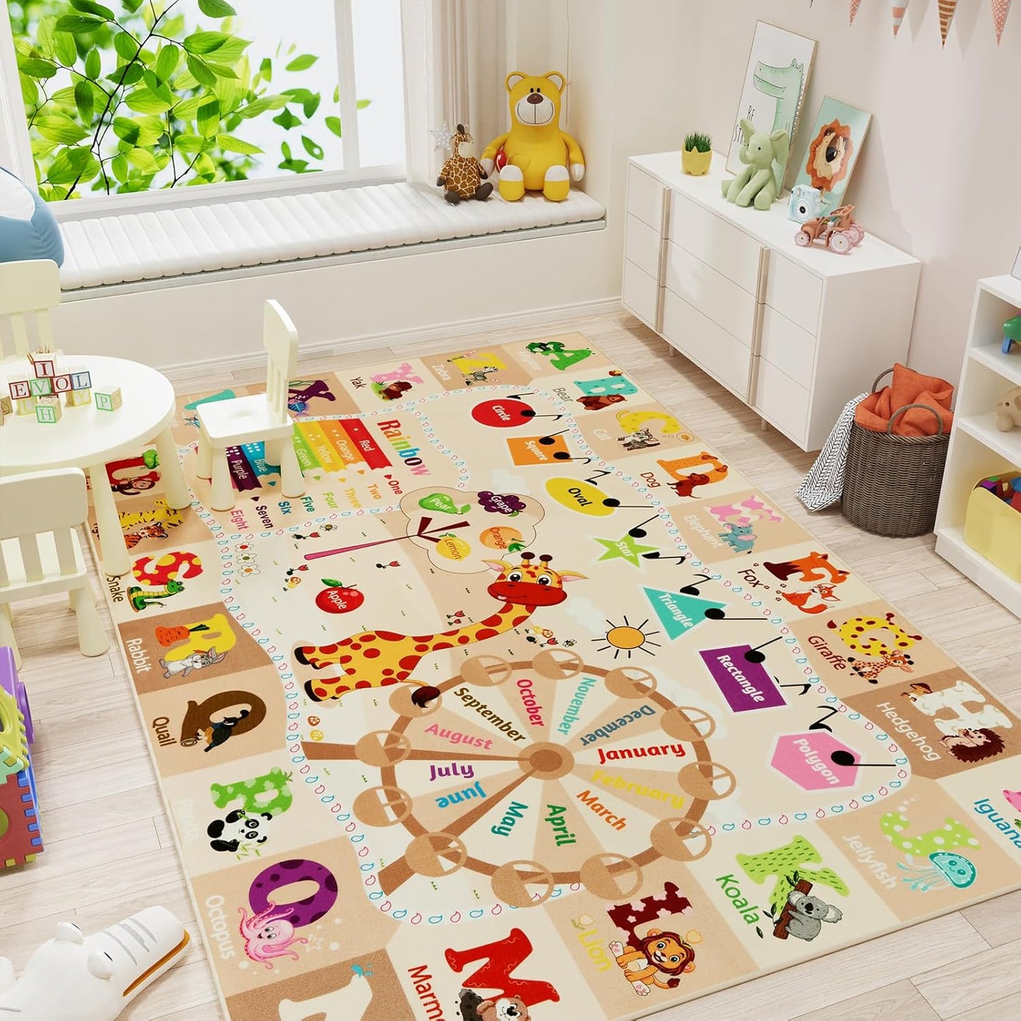 4x6 Playroom Rugs for Kids Washable, Educational and Fun Playmat with ABC Alphabet Animals Shapes Colors, Non-Slip Play Mat Learning Rugs for Baby Toddler Children Game Activity, Beige