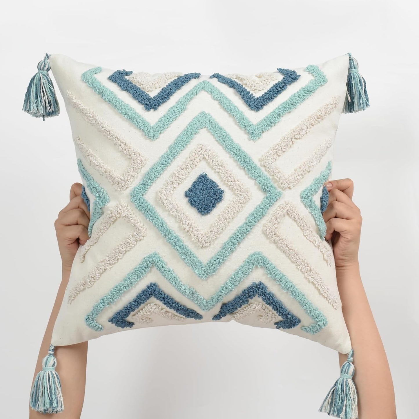 Boho Pillow Covers 18X18 Inch Boho Tufted Throw Pillow Covers Decorative Tassels Cushion Cover Farmhouse Pillow Case for Couch Sofa Bed Living Room Bedroom, Teal