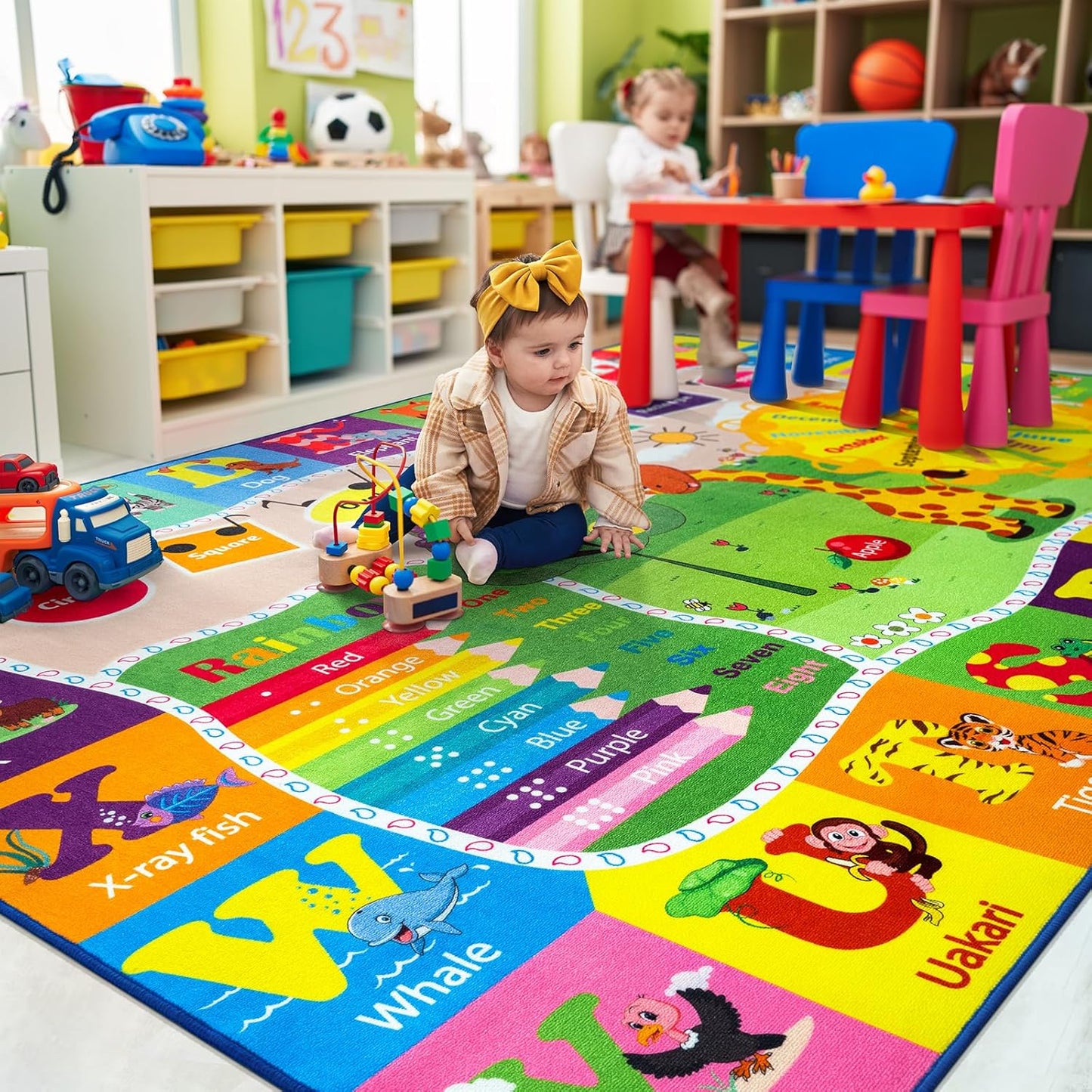 Kids Rugs for Playroom Classroom Bedroom, Educational and Fun Play Mat with ABC Alphabet Animals, Learning Rug for Children Toddler Baby Girls Boys Nursery, Washable, 4x6