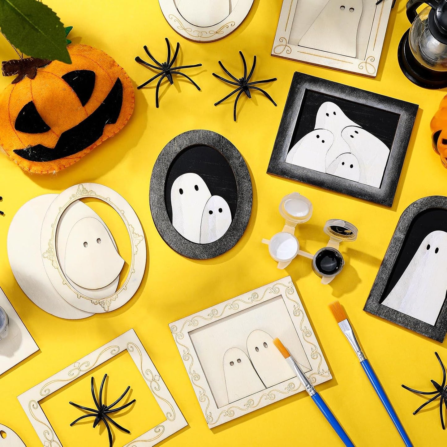 Simgoing 12 Set Wood Ghost DIY Frames Decorating Craft with Paint and Brush Unfinished Wooden Gift Ornaments Cute Ghost for Halloween Craft Art Party Supplies, Not Include Glue (Ordinary Style)