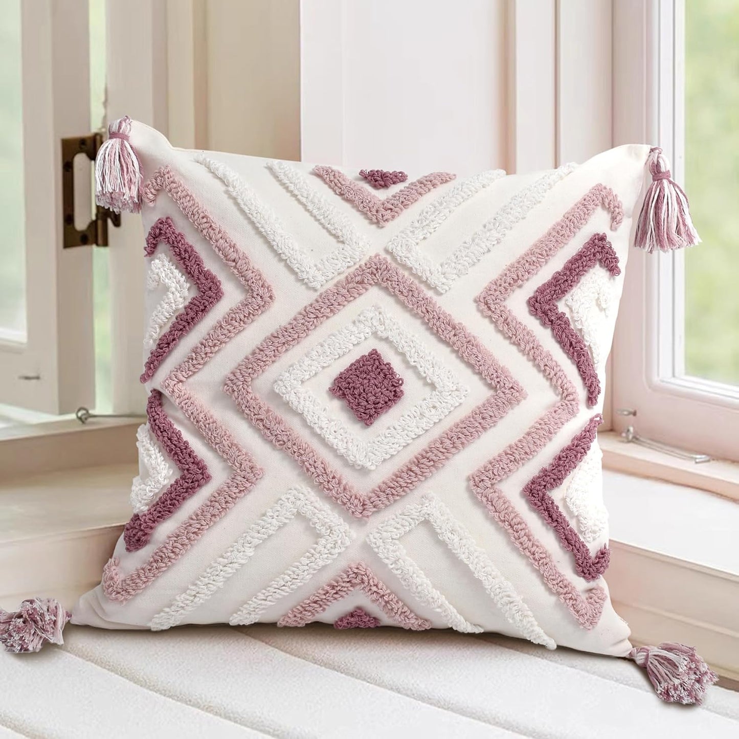 Boho Pillow Covers 18X18 Inch Boho Tufted Throw Pillow Covers Decorative Tassels Cushion Cover Farmhouse Pillow Case for Couch Sofa Bed Living Room Bedroom, Pink