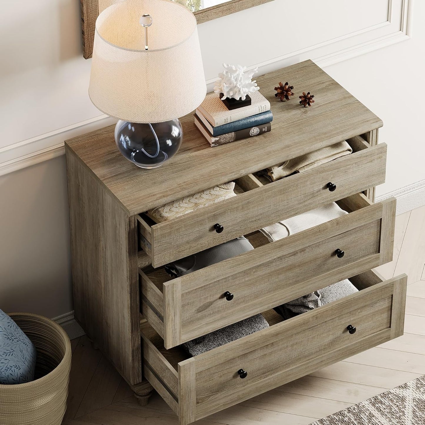 WAMPAT Baby Dresser for Bedroom with 3 Drawers, Kids Dressers with Wide Chest of Drawers, Modern Wooden Closet Storage Organizer, Small Dressers for Living Room, Nursery, Hallway, Rustic Oak