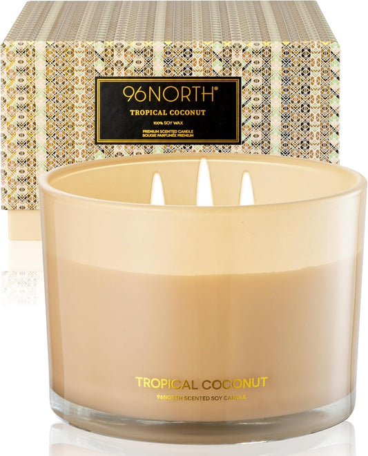 96NORTH Luxury Coconut Soy Candle | Large 3 Wick Jar Candle | Up to 50 Hours Burning Time | Tropical Beach Scented Candles for Home | 100% Natural Soy Wax | Housewarming Gift for Women and Men