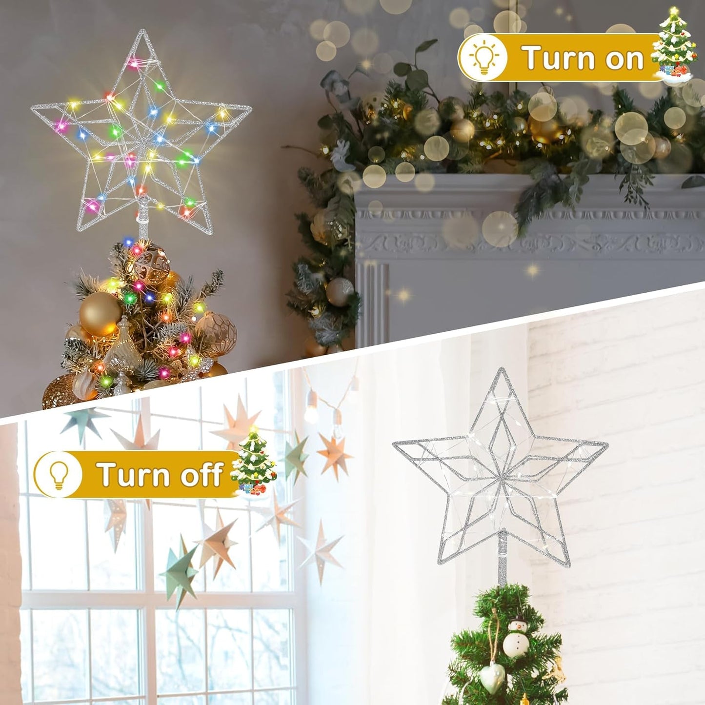 Christmas Tree Topper,50 LED Lighted Sparkling Star Tree Toppers Christmas Decorations,8 Lighting Modes Silver Star Xmas Decoration With Remote Control And Extra Battery Box,Glitter Christmas Ornament