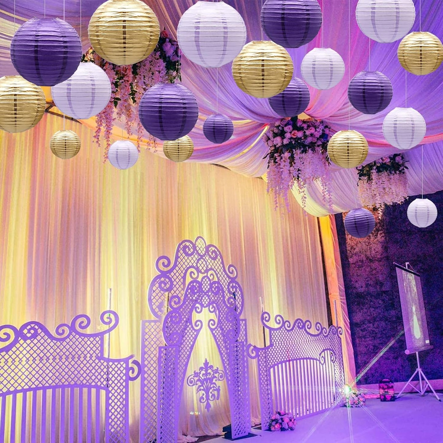 ADLKGG Paper Lanterns Decorative, Round Hanging Lanterns Party Supplies for Graduation Bachelorette Gender Neutral Baby Shower Birthday Party Decorations Purple/Lavender/Gold 21pcs