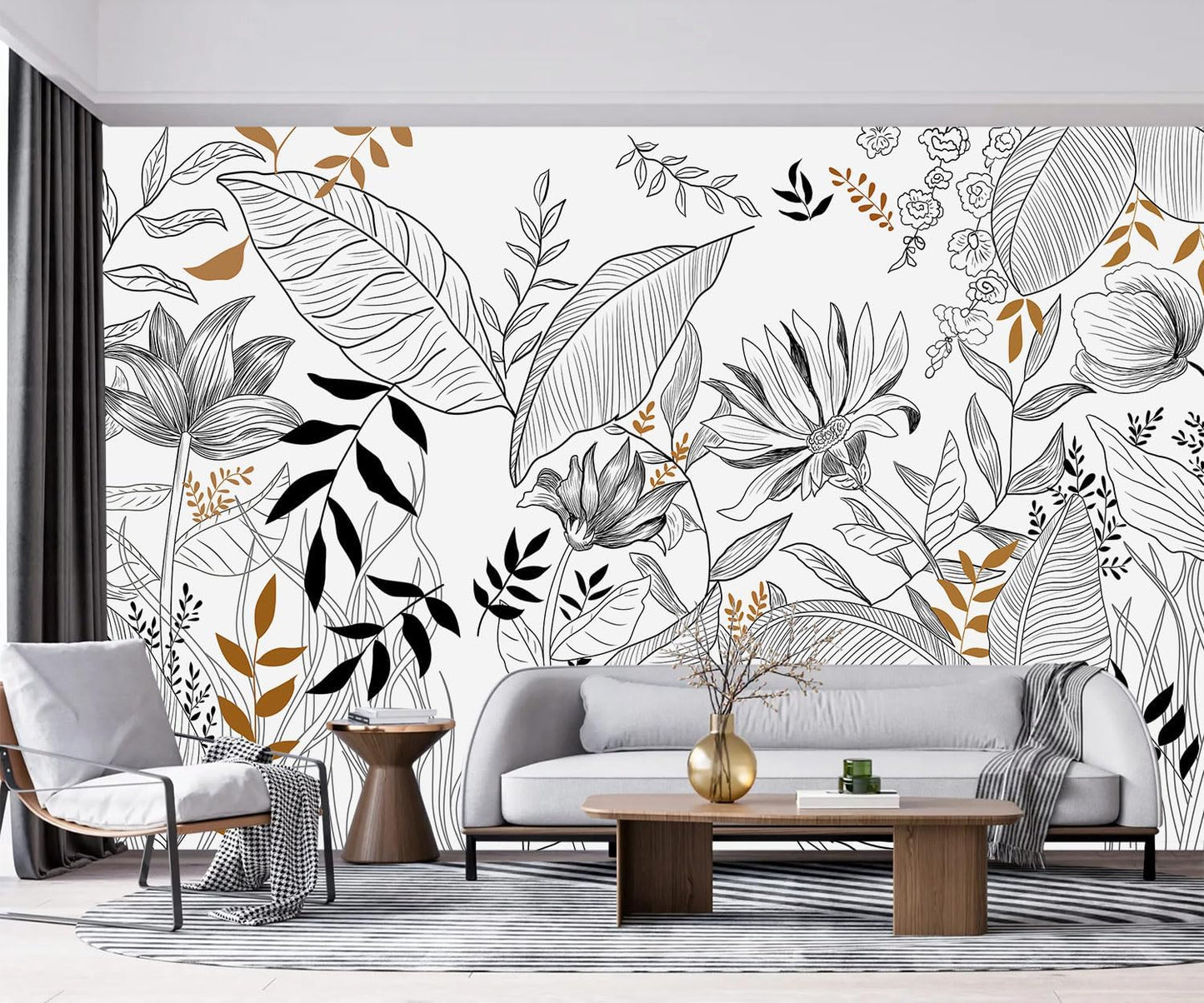 -Hand-Painted Flower Plant Fabric Wallpaper Simple Art Living Room 140" x 91" (Not Peel and Stick)