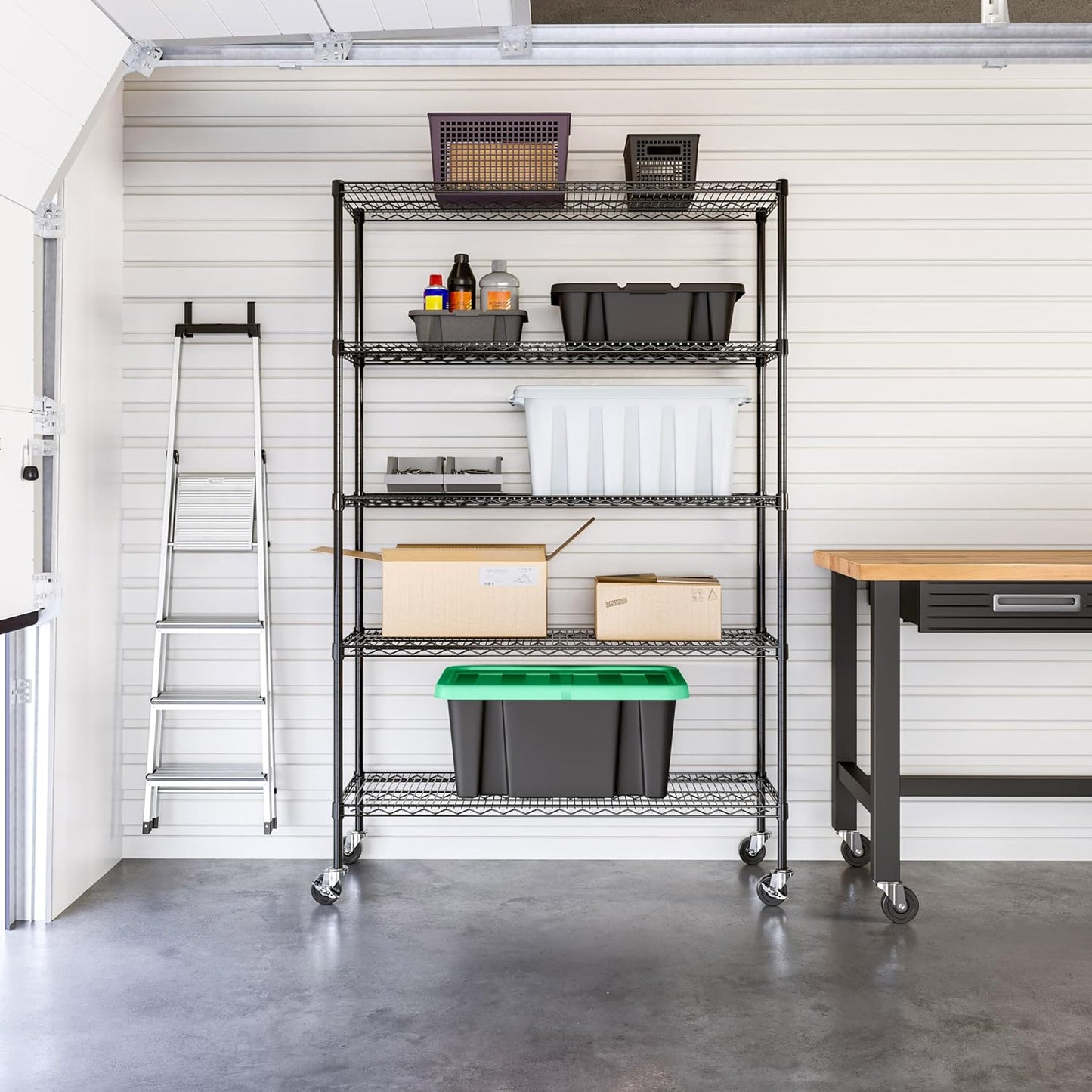 Seville Classics UltraDurable Heavy Duty NSF Solid Steel Wire Rack Storage Unit, Organizer for Garage, Warehouse, Office, Restaurant, Classroom, Kitchen, Black, 5-Tier Shelving, 48" W x 18" D