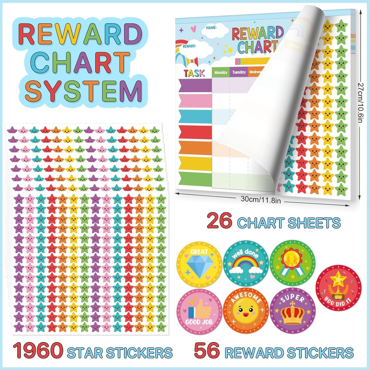 Reward Chart for Kids,Magnetic Behavior Chore Chart for Kids at Home,26 Rainbow Blue Chore Charts,1960 Star Stickers,56 Reward Stickers,Incentive Chore Chart to Develop Responsibility and Good Habits
