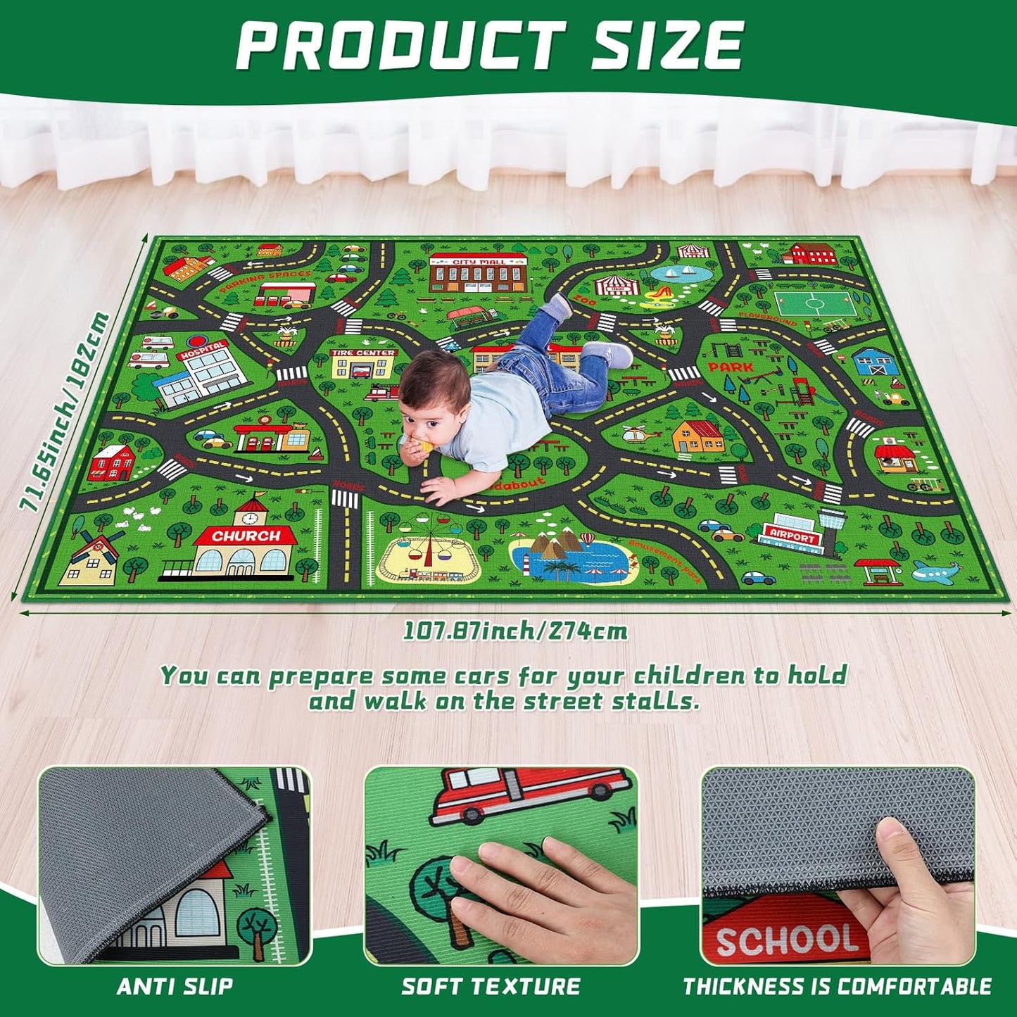 Kids Carpet Playmat Rug 6 x 9 ft Player Car Rug, City Life Traffic Road Map Mat Educational Game Area Mat for Toddler Children Playroom Classroom Bedroom(Green)