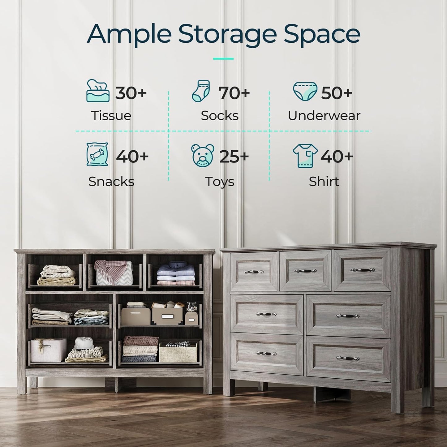 LINSY HOME Farmhouse 7 Drawers Dresser for Bedroom, Wood Chest of Drawers with Metal Handle, Wide Dresser Organizers for Bedroom, Nursery, Closet, Grey