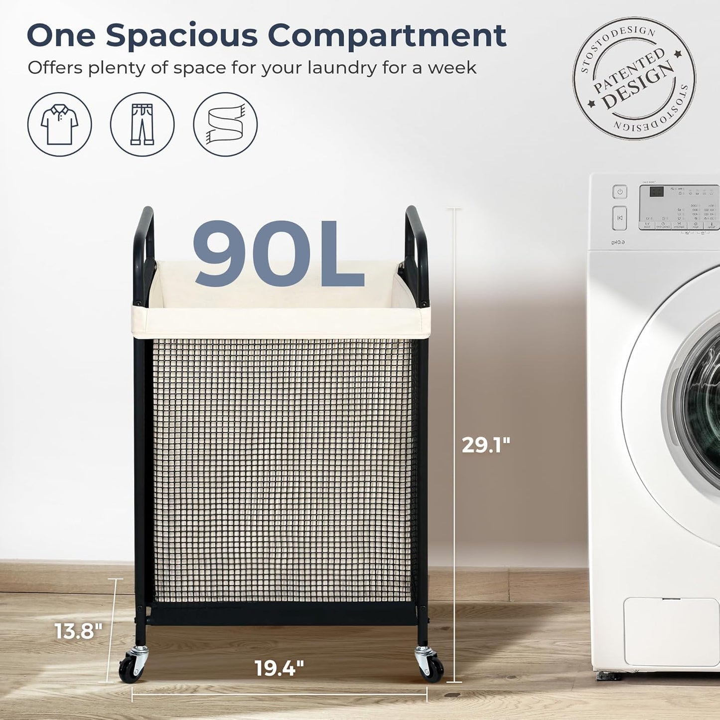 STO STO Laundry Hamper, 90L Rolling Laundry Sorter Cart with Removable and Washable Liner Bag, Rolling Clothes Hamper with Metal Handle for Laundry Room and Bedroom