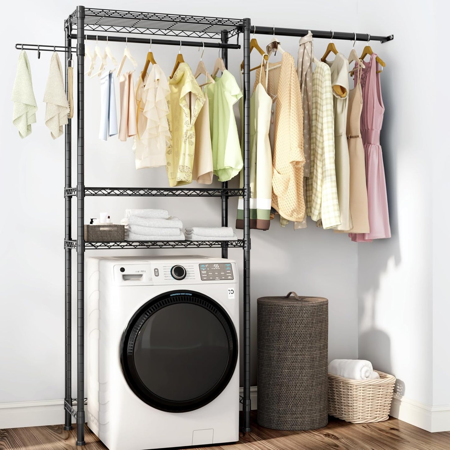 Over Washer and Dryer Shelves,3 Tier Adjustable Wire Shelving Laundry Room Storage Organization Clothes Drying Rack with Mounted on the Wall Expandable Hanger Rods&Hook,55"~74.5"Wx13.4"Dx77"H