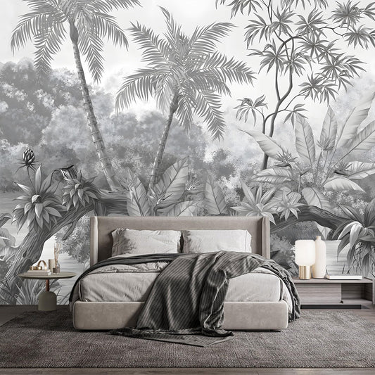 -Grey Rainforest Leaves Fabric Wallpaper Bedroom XT11 S 100" x 65"