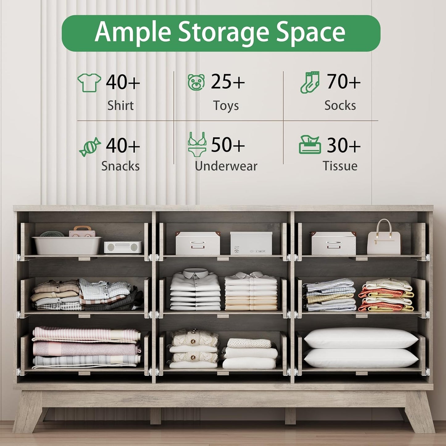 Fluted Dresser for Bedroom with 9 Drawers, 57" Wide Modern Chest of Drawers with Metal Handle, Wooden Dresser TV Stand, Wood Closet Clothes Storage Organizer for Living Room, Hallway, Grey