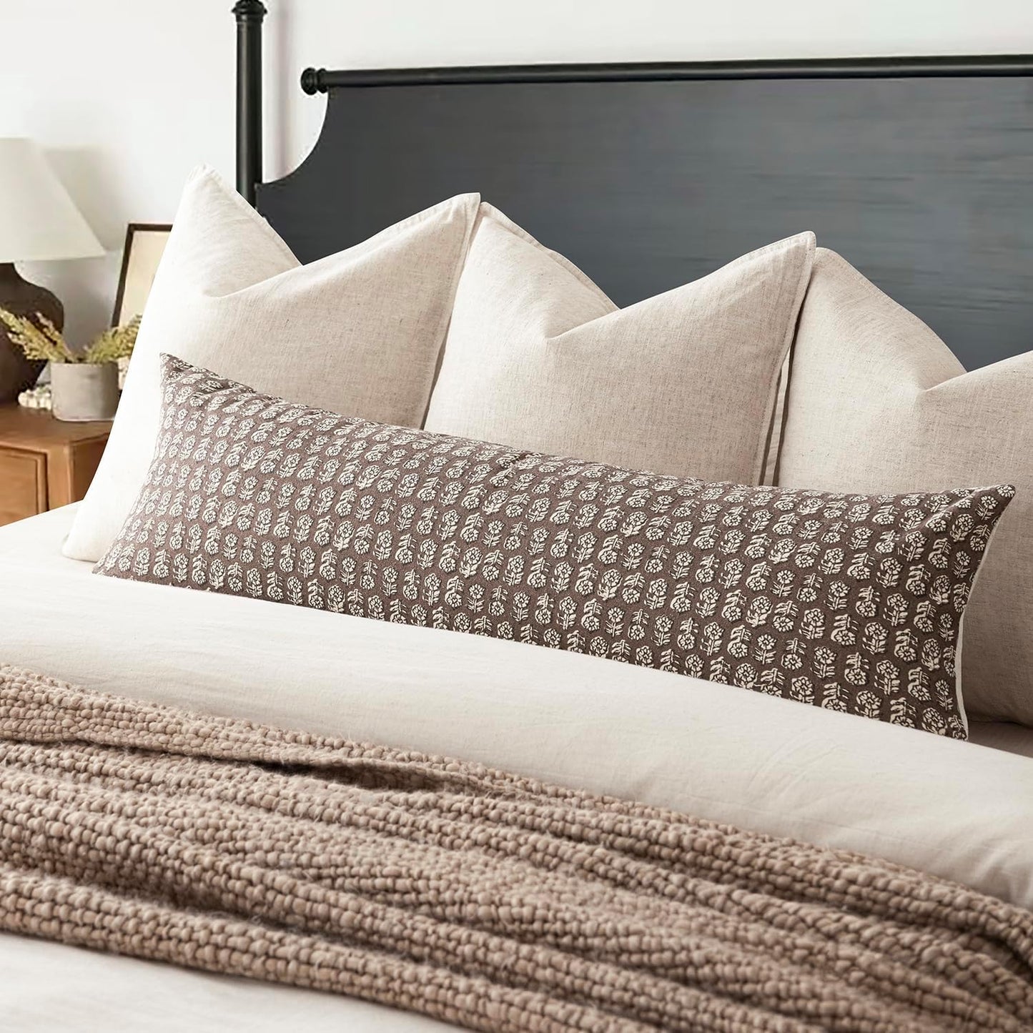 Foindtower Set of 2 Decorative Floral Long Body Lumbar Throw Pillow Covers Vintage Accent Farmhouse Cushion Covers Neutral Home Decor for Sofa Couch Chair Bedroom Living Room Outdoor,14×36 Inch,Brown