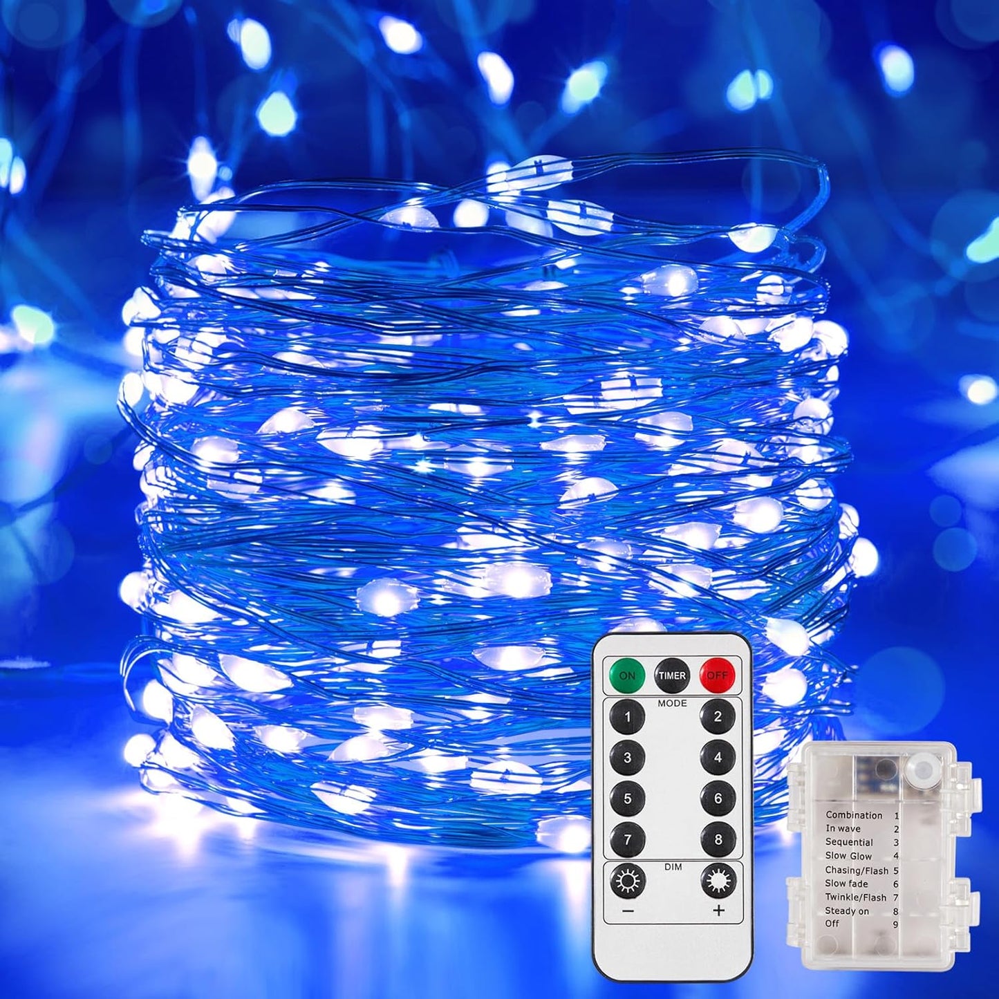1 Pack 65.6 Ft. Battery Operated Outdoor String Lights with Remote & Timer, LED Blue Fairy Lights, Waterproof Twinkle Lights for Bedroom, Dorm, Mason Jar, Wedding, Party, Christmas