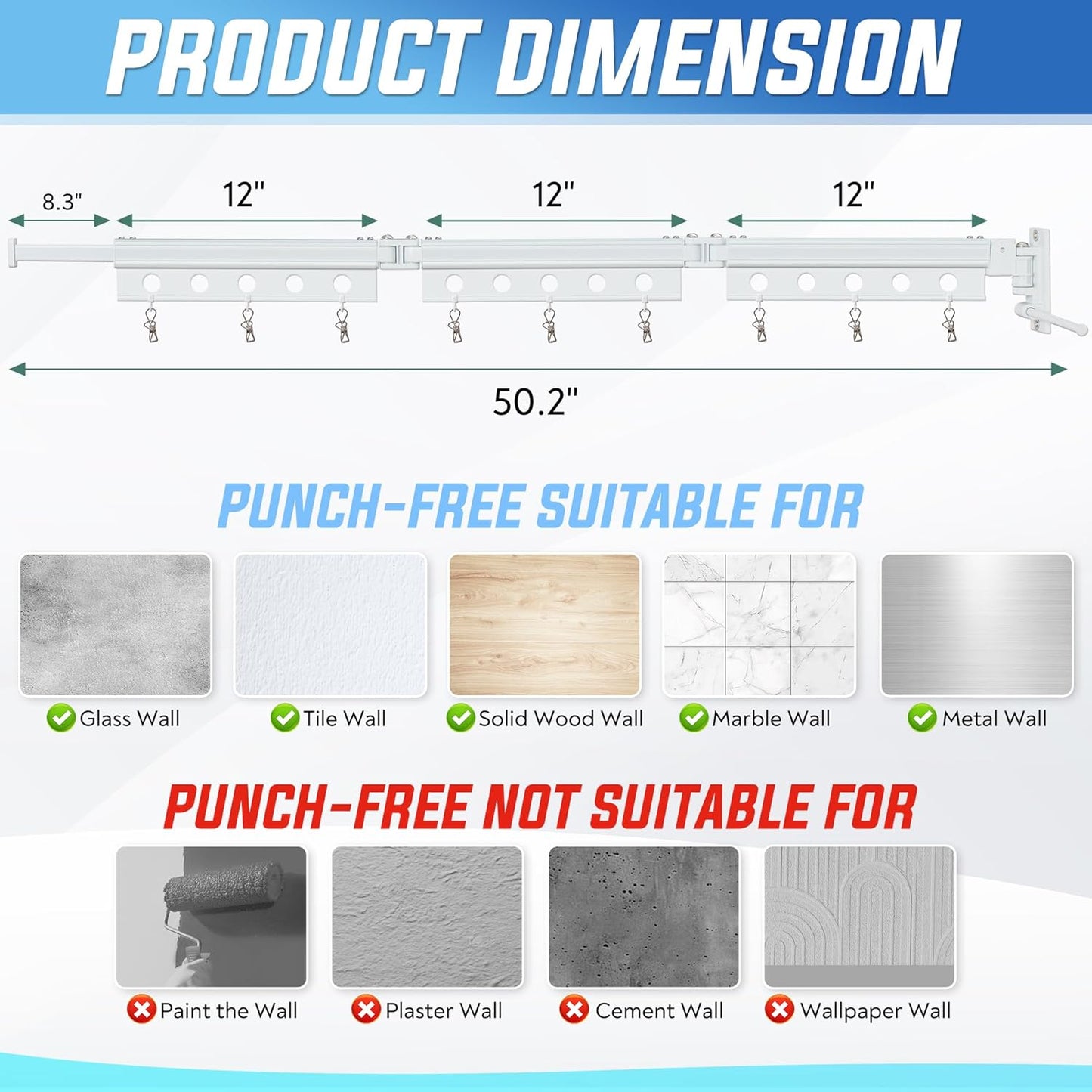 Clothes Drying Rack Wall Mounted, Retractable Space-Saving Foldable Laundry Drying Rack for Indoor & Outdoor Use - Laundry Rooms, Bathroom & Balconies,Includes 10 Clothespins(White)