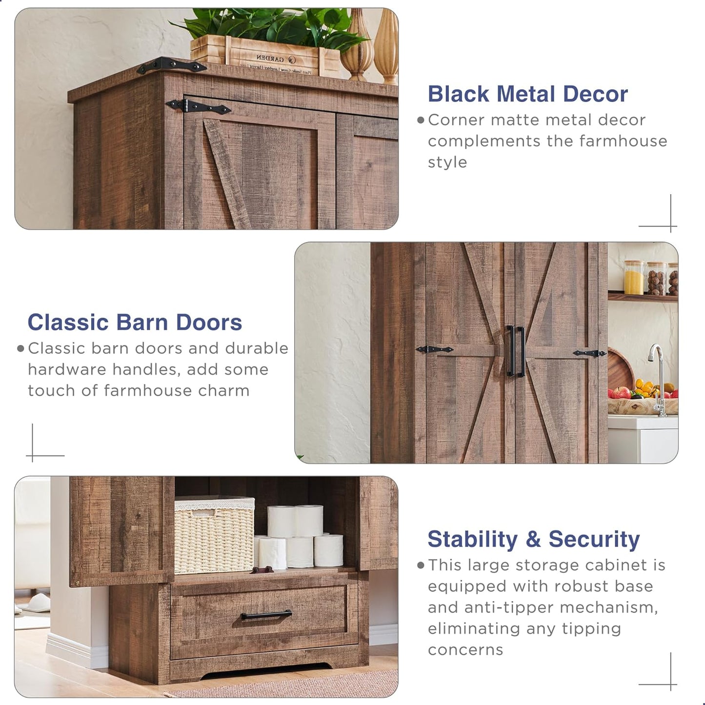 Farmhouse Kitchen Pantry Cabinet - 72" Tall Wood Kitchen Storage Cabinets with Adjustable Shelves & 2 Barn Doors & Drawer, Versatile Storage for Dining Room, Bathroom, Utility Room, Light Brown