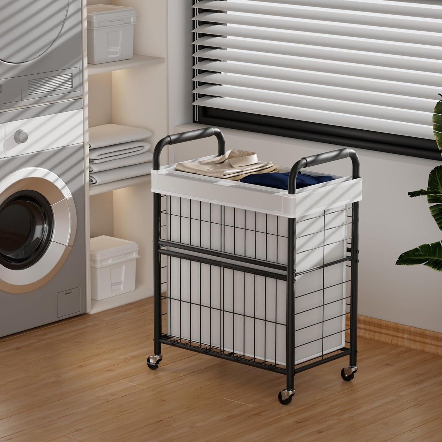 Laundry Hamper 2 Section, 110L Rolling Laundry Sorter Basket with Wheels, 2 Compartment Clothes Organizer Cart, Pull-Out Removable Bags for Laundry Room, Bathroom, Bedroom, White