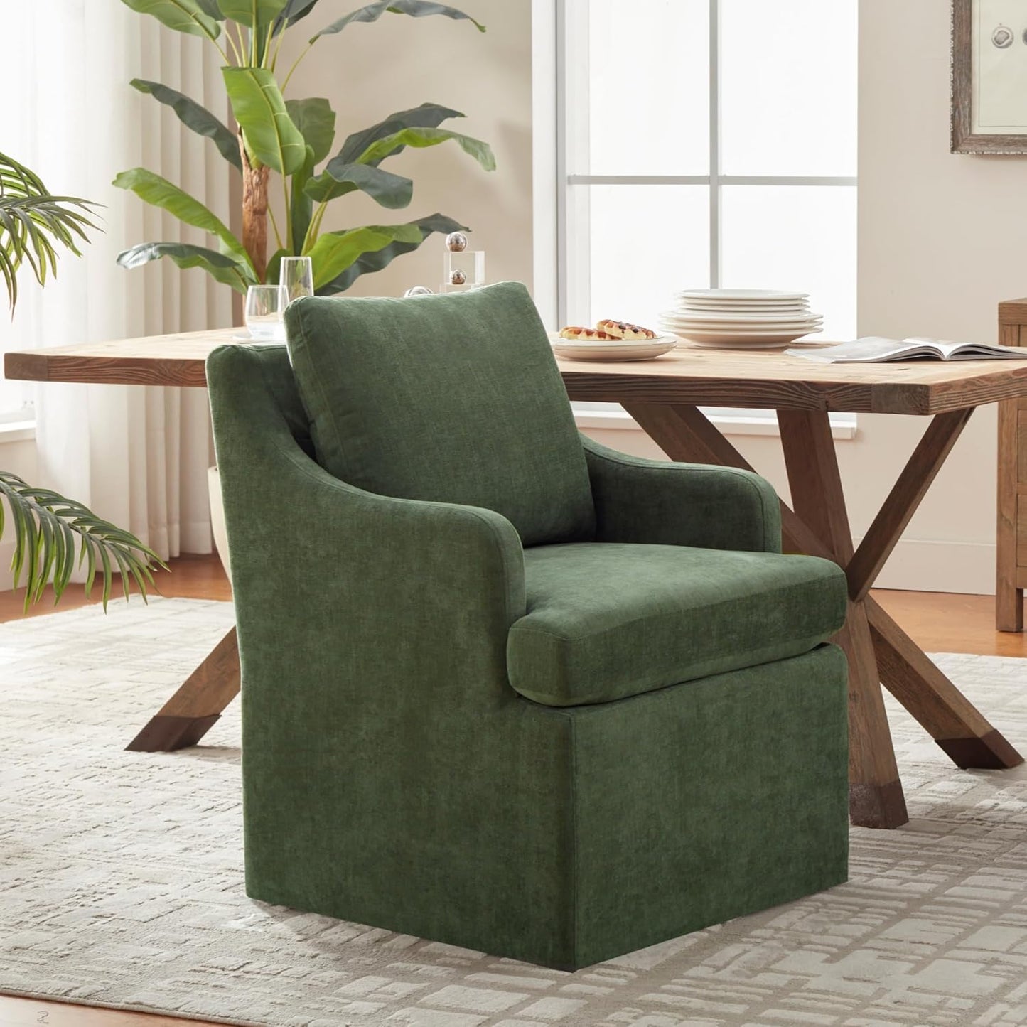 VKNOW Upholstered Dining Chairs Set of 2, Modern Kitchen Chair Dinner Chairs with 4 Casters, Linen Armchair for Bedroom Reading Room, Green