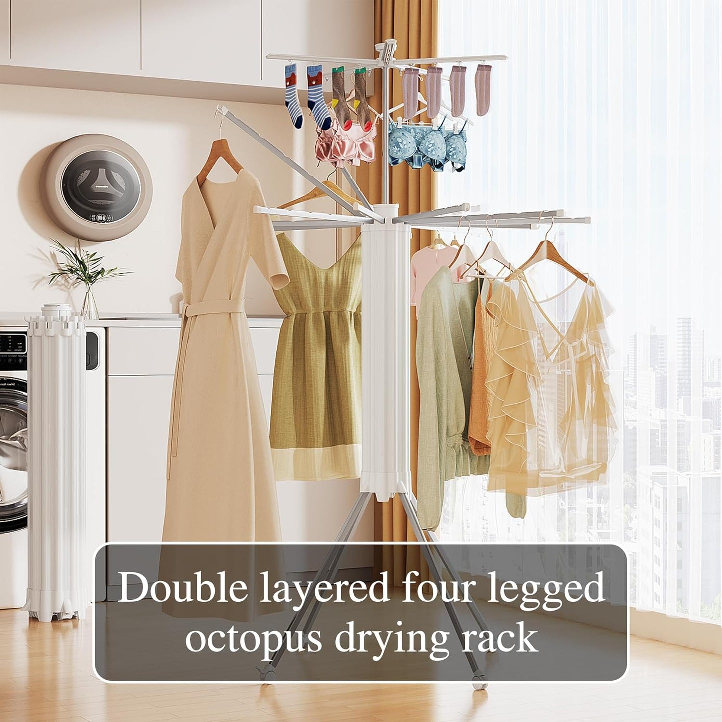 JOOM 4 Legs Double Layer Clothes Drying Rack, Garment Rack Portable and Foldable Space Saving Laundry Drying Rack - Drying Rack Clothing Floor Folding Balcony Bedroom Household Aluminum