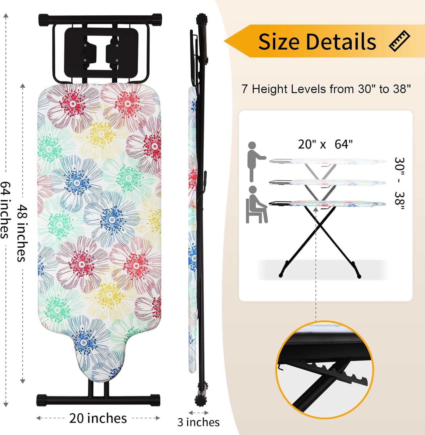 Extra Large Ironing Board with Hang Rail and Iron Rest 63" L x 20" W (Large with Iron Rest (Floral Cover))