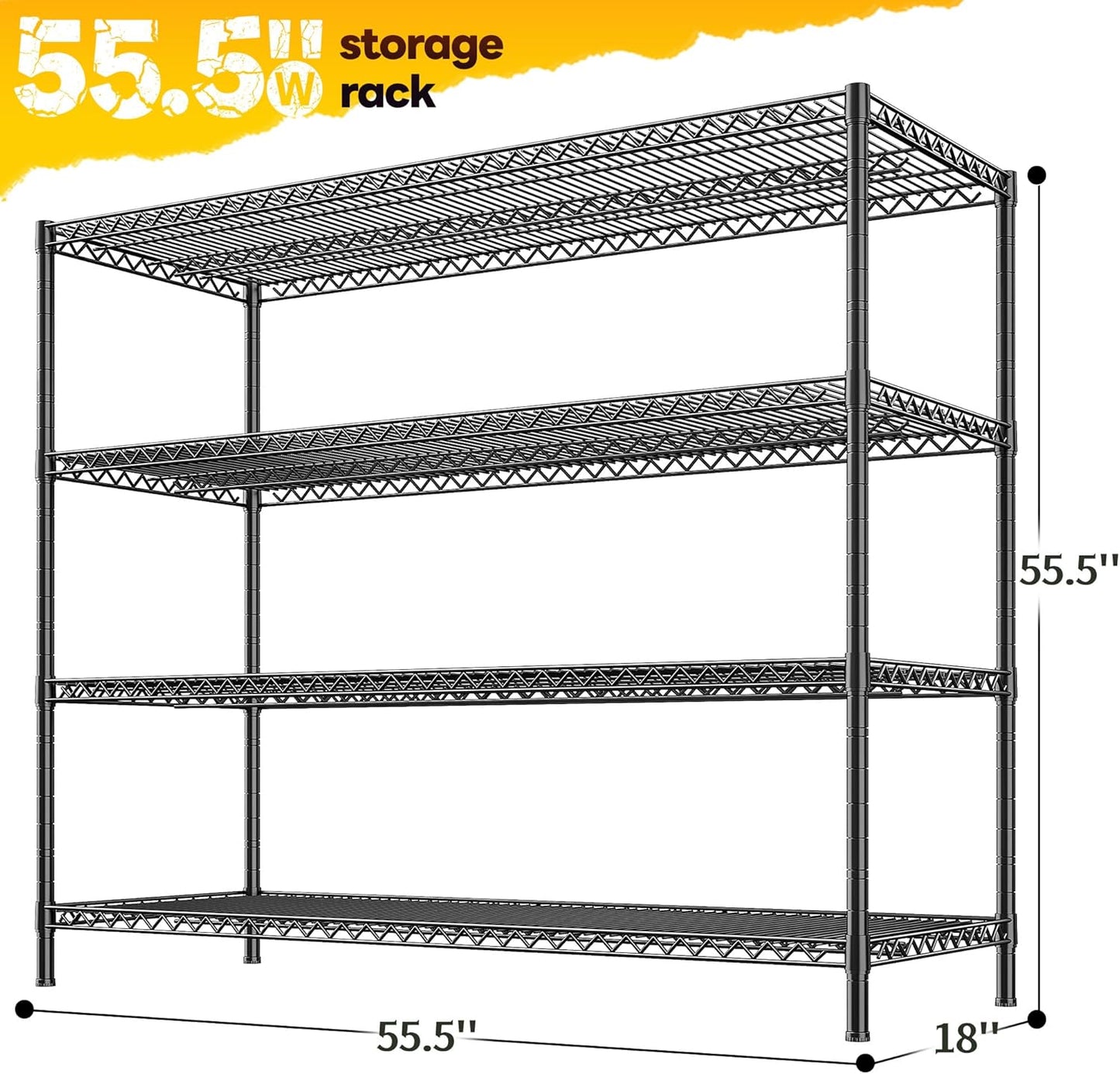 REIBII 2560LBS Storage Shelves 55.5"W Metal Shelving Unit 4 Tier Wire Shelving Commercial Adjustable Garage Shelving Heavy Duty for Storage Rack for Pantry, Garage, Kitchen, 55.5"W x 18"D x 55.5"H