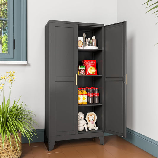 Metal Pantry Cabinet with 2 Doors and Adjustable Shelves, Kitchen Storage cabinets with Gold Handles, Versatile Storage for Laundry Room,Living Room,Bathroom,Dinning Room-Black
