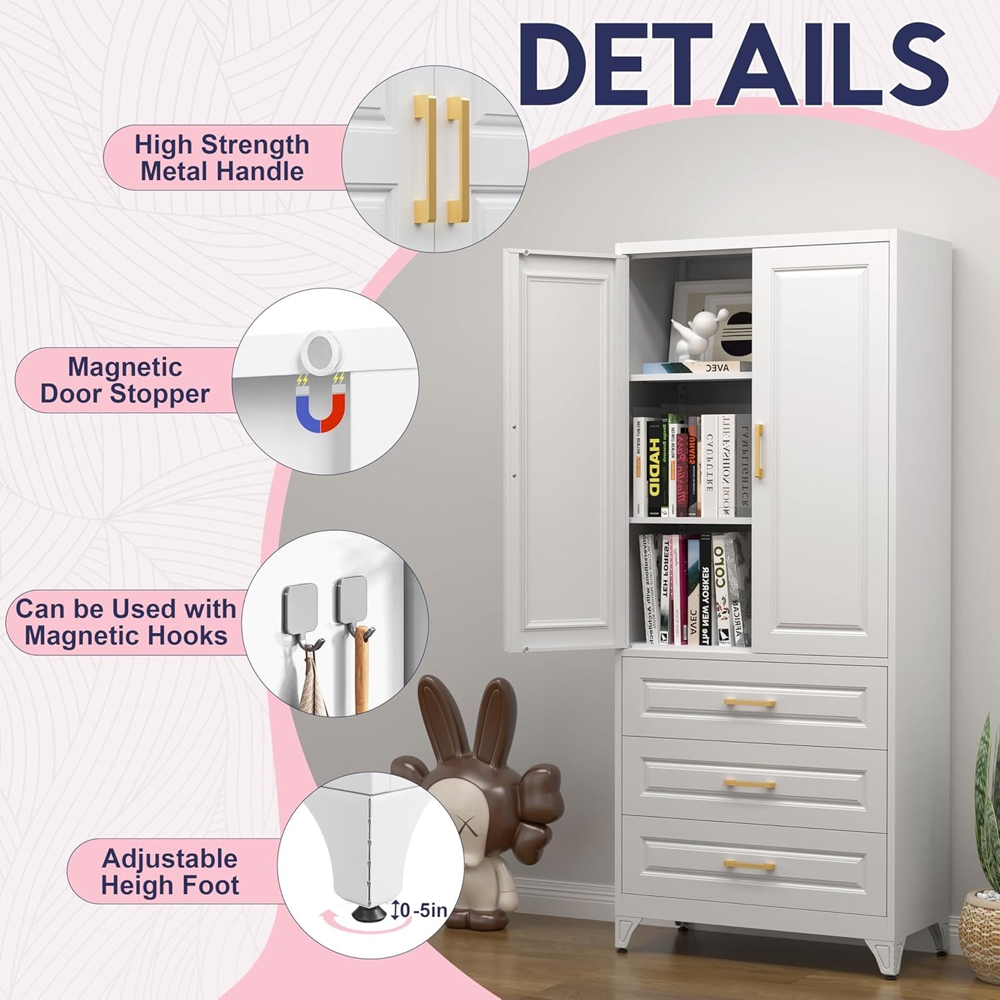 Pantry Kitchen Cabinet with Drawer, 75" Tall Pantry Storage Cabinet, Metal Storage Cabinets with Doors and Shelves, Large Freestanding Cupboard for Dining Room, Assembly Required, White