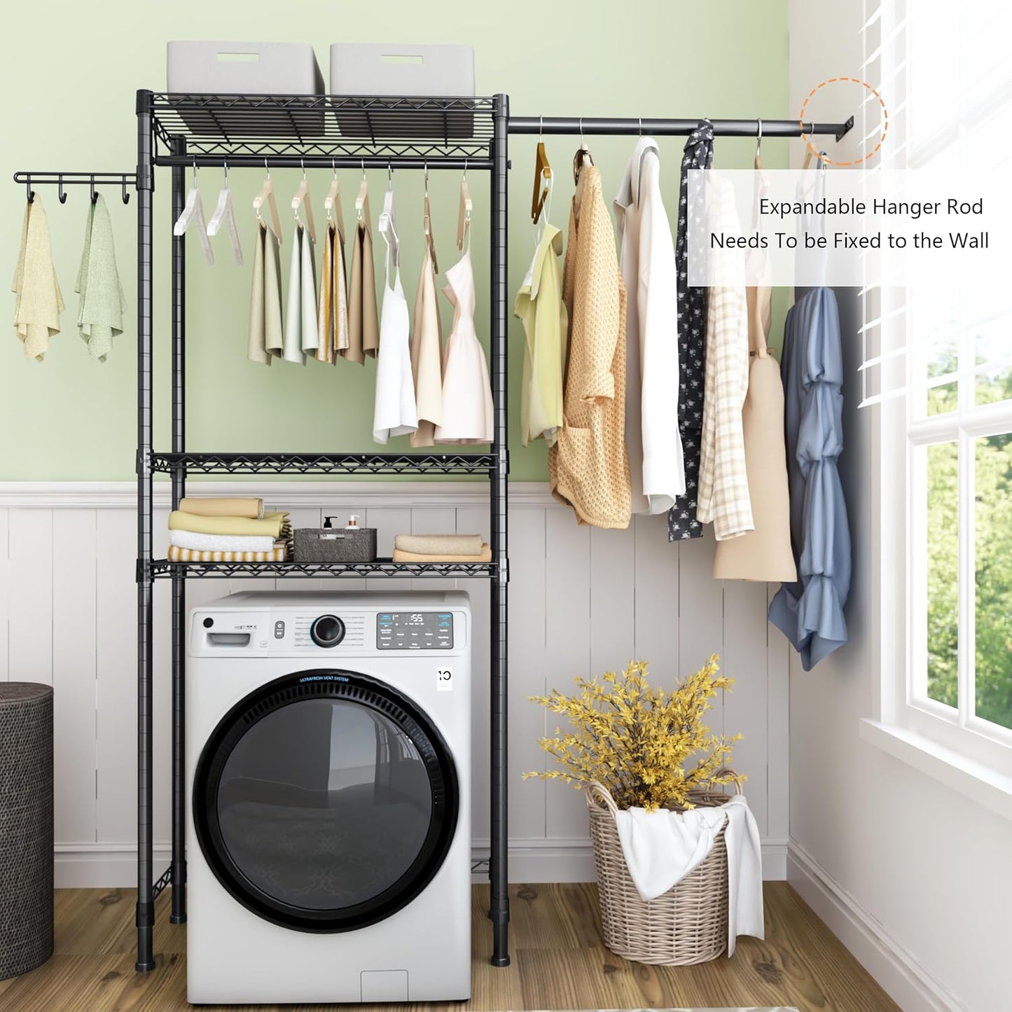Over Washer and Dryer Shelves,3 Tier Adjustable Wire Shelving Laundry Room Storage Organization Clothes Drying Rack with Mounted on the Wall Expandable Hanger Rods&Hook,55"~74.5"Wx13.4"Dx77"H
