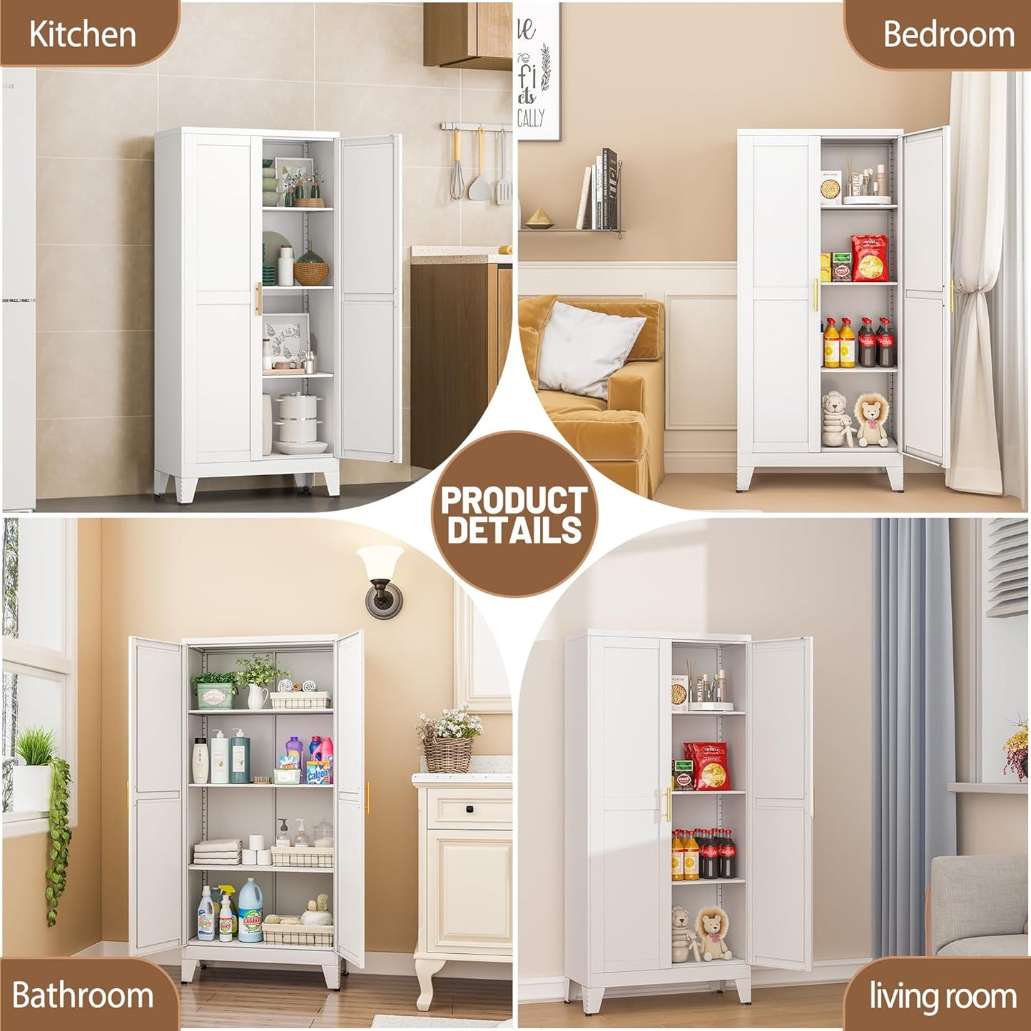 Metal Kitchen Pantry Storage Cabinet with 2 Doors and 3 Adjustable Shelves,Pantry Cabinet with Adjustable Leveling Foot for Kitchen, Living Room, Dining Room（White）