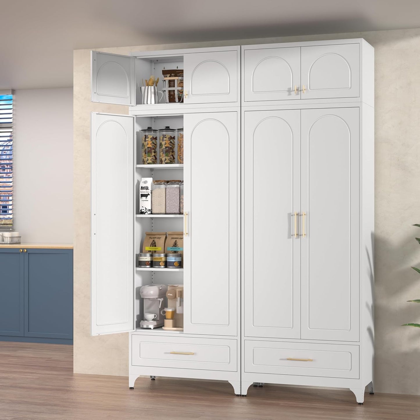 Kitchen Cabinet, 90" Tall Metal Pantry Cabinet, Freestanding Cupboards with One Drawer, Food Storage Cabinets for Dining, Living Room, White, 16" D x 32" W x 90" H, Assembly Required