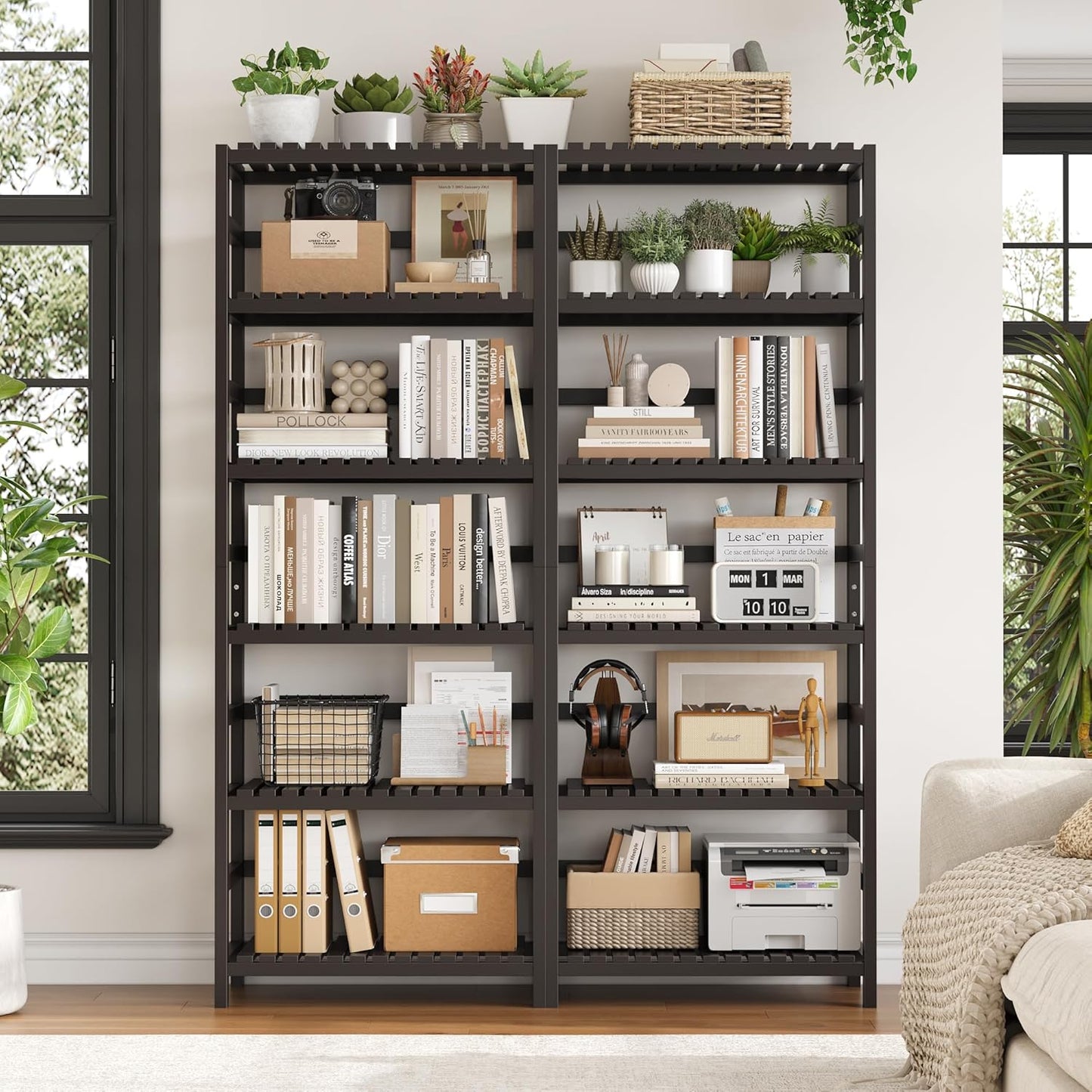 FOTOSOK 6-Tier Bamboo Shelf Set of 2, Bamboo Bookcase with Adjustable Shelves, Free Standing Storage Shelf Unit and Plant Flower Stand, Tall Large Bookshelf for Kitchen, Bathroom, Home Office, Vintage